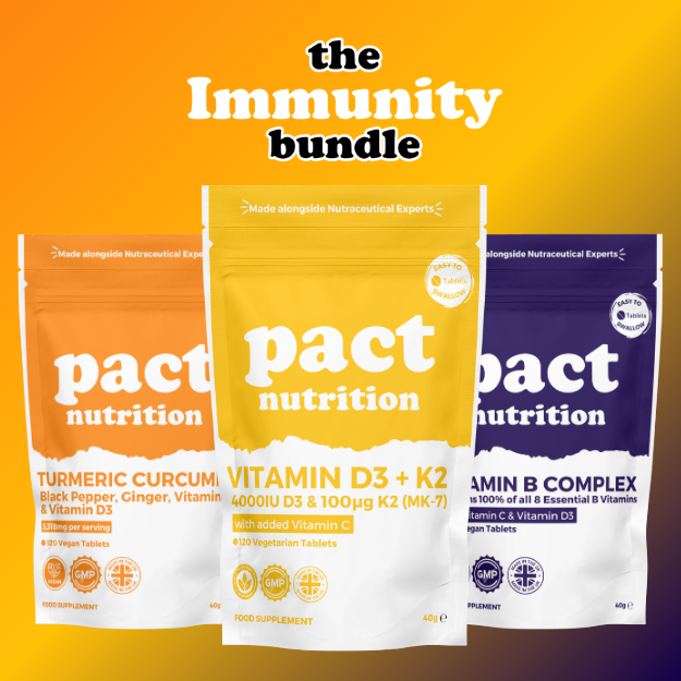 The Immunity Bundle from Pact Nutrition, featuring UK-made Vitamin D3 K2, turmeric, and vitamin B complex tablets for comprehensive immune support